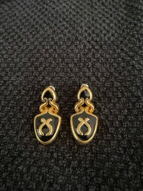 Vintage Gold and Black Enamel Shield Drop Earrings - Women's Jewelry